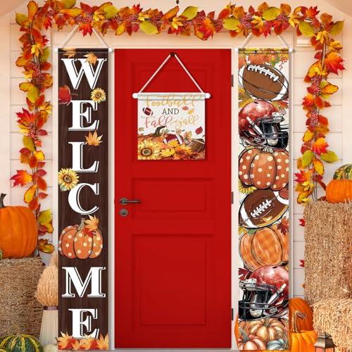 VitalCozy 3pcs Thanksgiving Decorations Football and Fall Y'all Yard Sign Autumn Football Welcome Door Cover Banner Autumn Pumpkins Rustic Seasonal Farmhouse Thanksgiving Decoration Home Outdoor Decor
