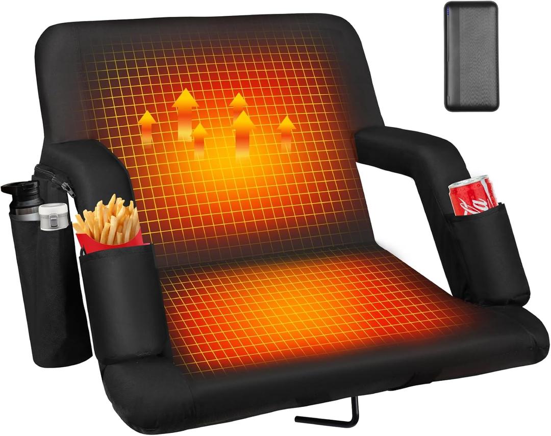 Heated Stadium Seats for Bleachers with Back Support with 5V 20000mAh Battery and Wide 20"/25" Dual-Sided Heated Bleacher Seat 6 Reclinng Positions Heat Heated Stadium Chair USB 3 Levels of