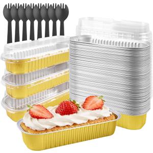 50 Pack Mini Loaf Pans with Lids & Spoons, 6.8oz Rectangle Aluminum Foil Baking Pans, Oven Safe Bread Tins for Brownie, Cheesecake, Lasagna - Disposable Food Containers-Gold