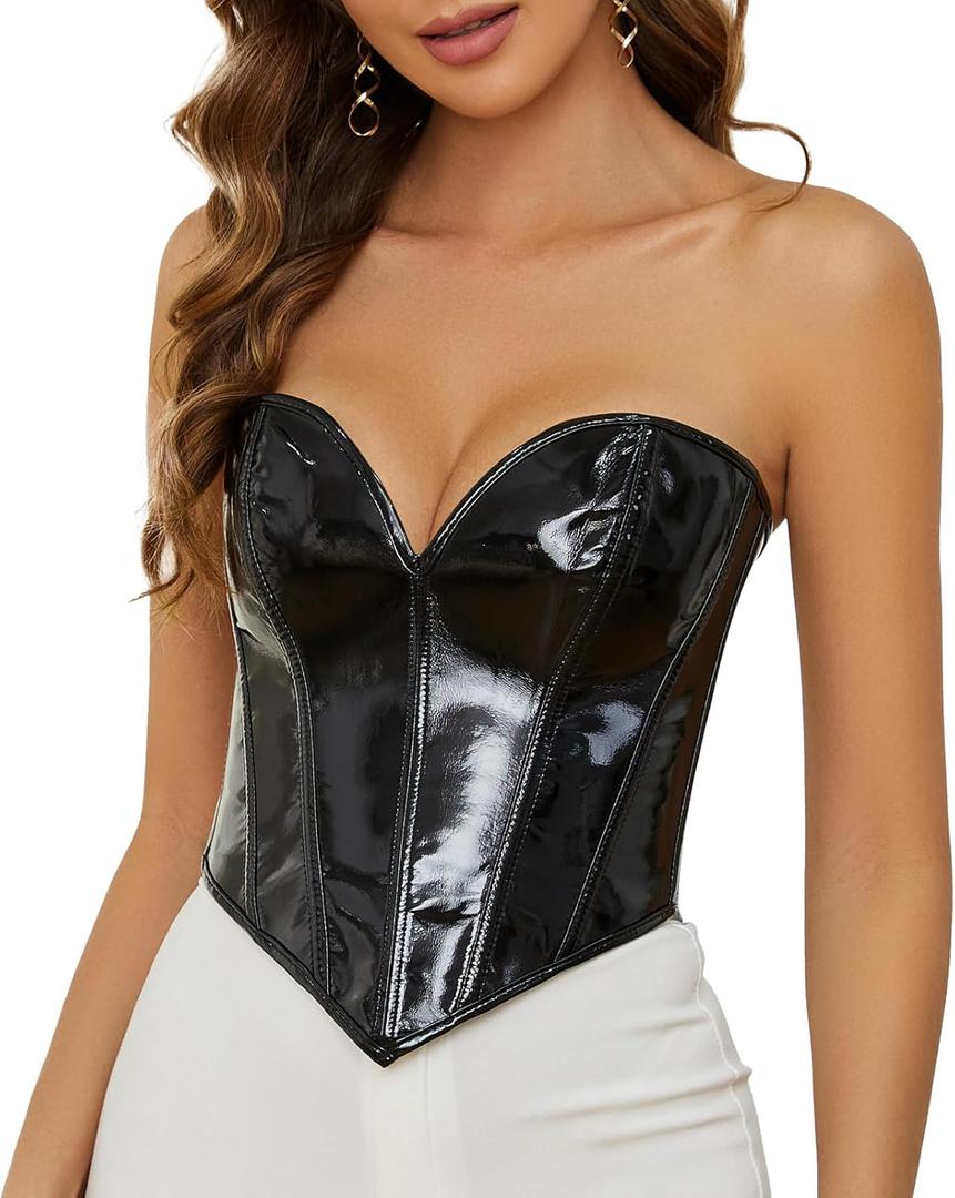 TRIWORKS Strapless Corset Top Women Patent PU Leather Corset Top Lace-up Body shaper Steampunk Zipper Bustier Vest (X-Small)