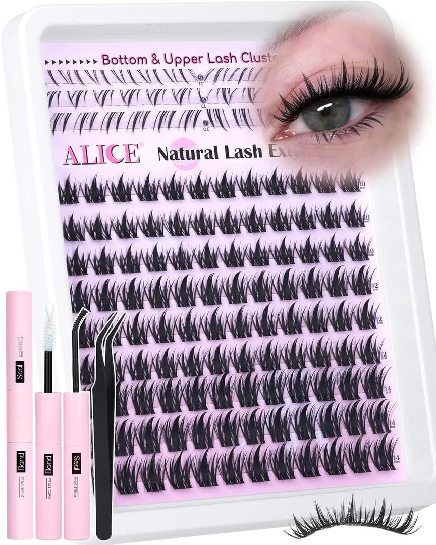 ALICE Lash Clusters Kit Natural Anime Eyelash Clusters Kit 10-14mm Wispy Manga Cluster Eyelash Extension Kit Sipky Clear Band Individual Cluster Lashes with 5-7mm Bottom Lashes Bond and Seal