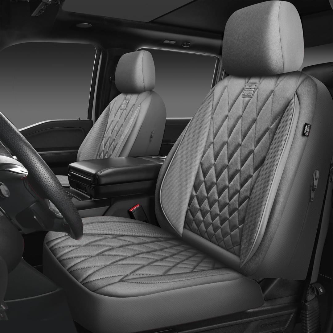 CAR PASS Piping Luxury PU Leather Two Front Car Seat Covers, Waterproof Anti Slip Seat Covers Compatible with Front Seat Armrests,Universal Fit for Suvs,Vans,Trucks,Airbag Compatible(All Gray)