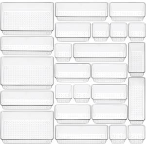 25 Piece Clear Drawer Organizer Set, 4 Sizes Bathroom Vanity Organizer Trays and Storage Bins for Makeup, Cosmetics, Jewelry, and Gadgets. Perfect for Office, Kitchen, Bedroom, Bathroom Use.