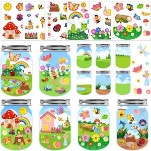 24Set Spring Craft Kits for Kids Make A Summer Bugs Stickers Scene, DIY Summer Craft Jar Sticker Butterfly Flower Bee Mushroom Insect Bulk Set Make Your Own Scene for Home Classroom Game Activities