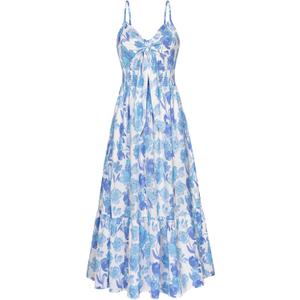 GRACE KARIN Women's 2025 Summer Maxi Dress Floral Tie Front Spaghetti Strap Casual Boho Beach Flowy Sundress with Pockets (XX-Large, White Blue Floral)