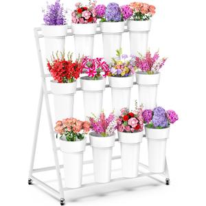 Asee'm Flower Display Stand with Buckets, 3 Layer Metal Flower Bar Stand, Heavy Duty Flowers Cart Display with Wheels Moving Plant Bouquet Shelf for Indoor Outdoor Patio Decor Terrace Wedding White