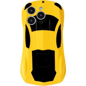 3D Car Case for iPhone 14 Pro for Kid Boy Teen Girl, Glossy Yellow Cool Cute Race Sports Car Design iPhone 14pro Phone Cover, Women Men Protective Fashion Soft iPhone 14pro Case (Yellowcar)