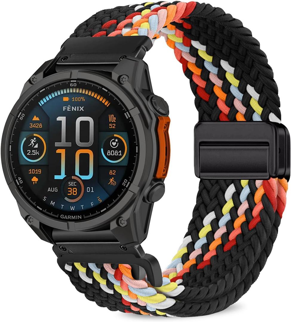 Quickfit 26mm Magnetic Braided Watch Bands Compatible with Garmin Fenix 8 Pro/Quatix 8/Tactix 8/Fenix 8 (51 mm)/7X Pro/7X/6X Pro/6X,Replacement Nylon Sport Strap for Women Men (Black Rainbow)