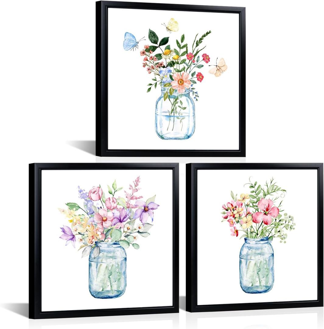 LyerArtork 3 Piece Flowers Wall Art Canvas Prints Butterfly Wildflowers in the Vase Floral Botanical Watercolour Painting Rustic Wall Decor for Living Room Bedroom Black Framed 12x12inchx3