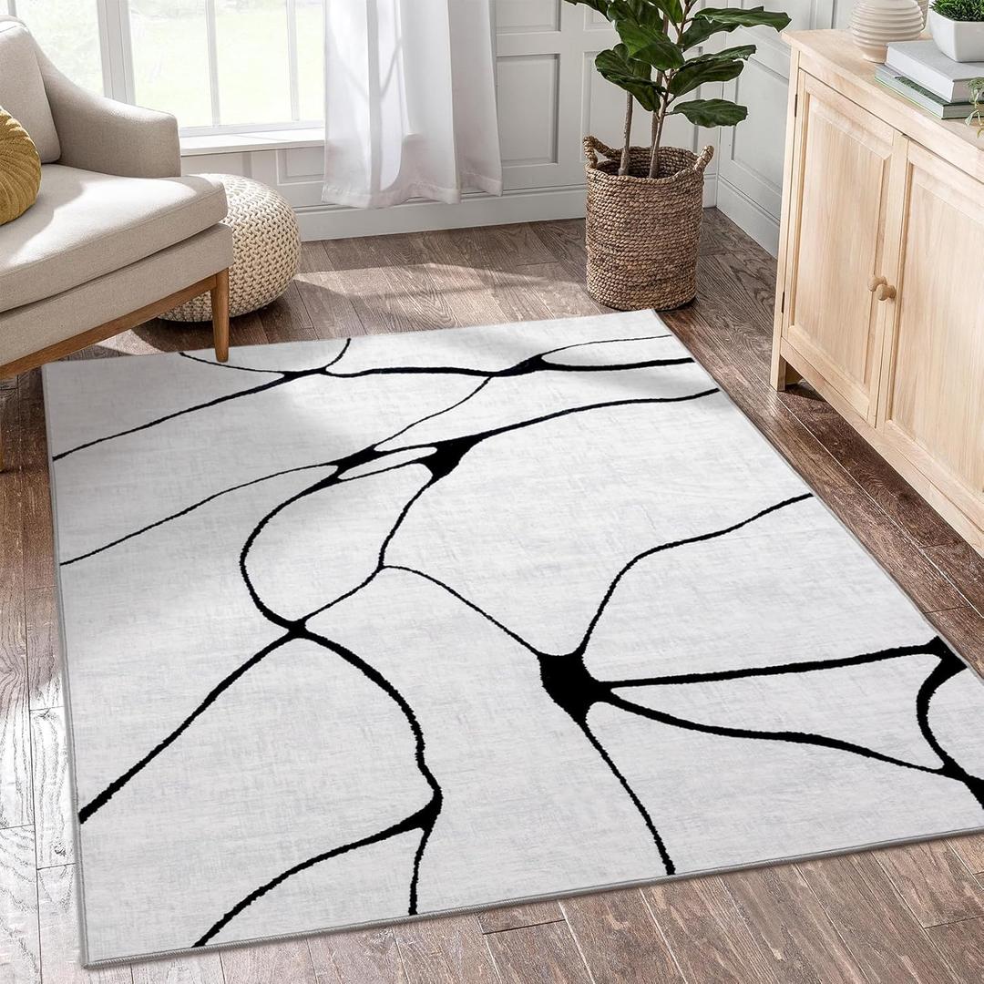 YIHOUSE 4x6 Washable Living Room Rug - Modern Abstract Black and White Area Rug Non-Slip for Bedroom Home Office (Warping, 4'x6'ft)