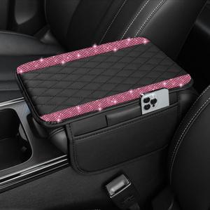 NBTEPEM Bling Car Center Console Cover, Leather Car Arm Rest Cover Cushion with 2 Storage Bags, Universal Automotive Armrest Protector Storage Box, Bling Accessories Interior for Most Vehicles (Pink)