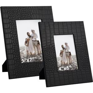 4x6 5x7 Picture Frames Set of 2, Modern Ornate Crocodile Leather Photo Frames with HD Glass Front, Farmhouse Table Top Display or Wedding Home Decor (Black)