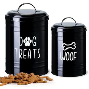 Dog Treat Container Airtight, Dog Treat Jar Set of 2 with Lid - 9x5.5''&7x4'' Metal Dog Cookie Jar for Farmhouse Kitchen Counter, Black Treat Jars for Pets, Treat Storage Container for Dogs, Cats