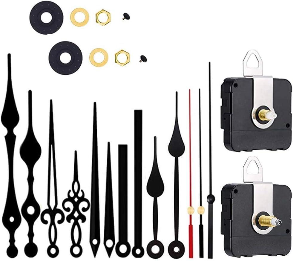2 Pieces Silent Clock Movement Mechanism Long and Short Shaft with 6 Different Pairs of Hands DIY Clock Repair Parts Motor Replacemen (Black)