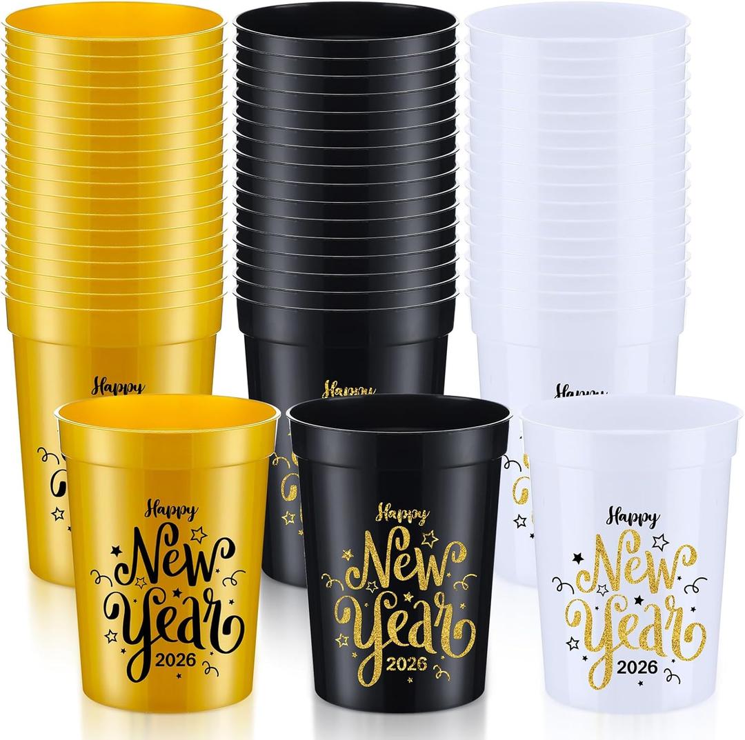 48 Pcs Happy New Year Party Cups 2026 Disposable New Years Eve Plastic Cups 8 oz Black Gold White Reusable 2026 Year's Eve tumbler for Holiday Party Supplies
