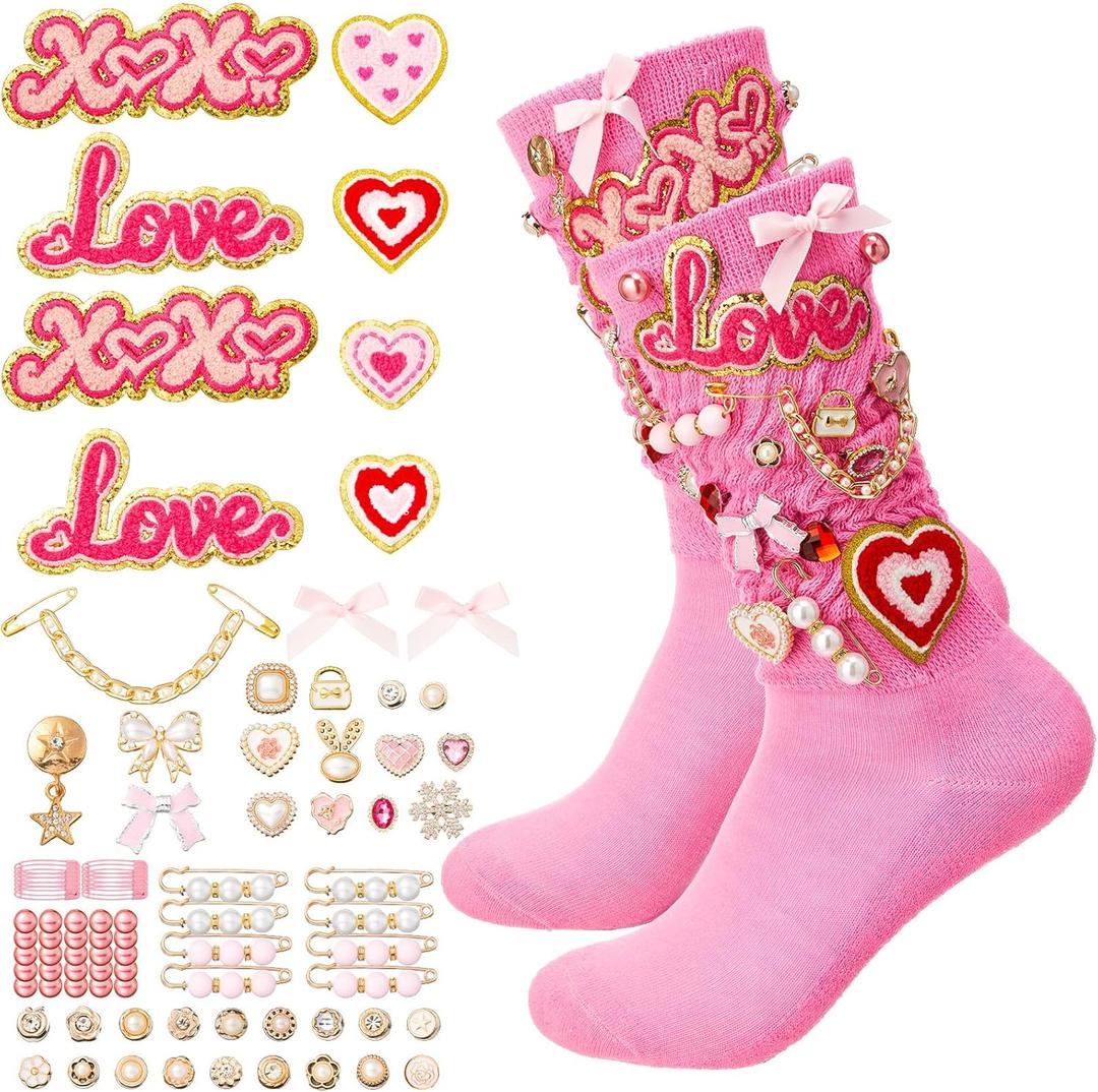 Tivi Tovo 94Pcs DIY Valentines Sock and Charms Kit for Women Include 2 Pairs of Socks,85 Valentines Charms, 8 Chenille Embroidered Applique with Glitter Edge Valentine Accessories Decor(Pink,Cute)