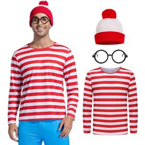 Adult Couple Costume Men Halloween Costumes Wally Cosplay Red White Striped Tee Shirt Suit Outfit with Glasses Hat (Large)