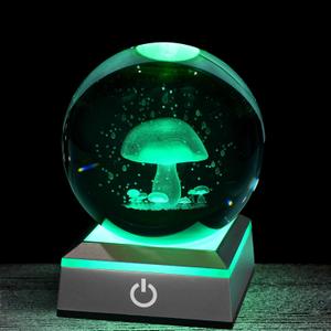3D Mushroom Crystal Night Light with Multicolor LED Base Glass Laser Engraved Mushroom Figurines Gifts for Boys Girls Lovers Birthday Christmas Room Decor