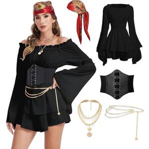 Pirate Costume Women Dress White Pirate Dress with Corset Necklace Bandana Headscarf Accessories (Medium, Black)