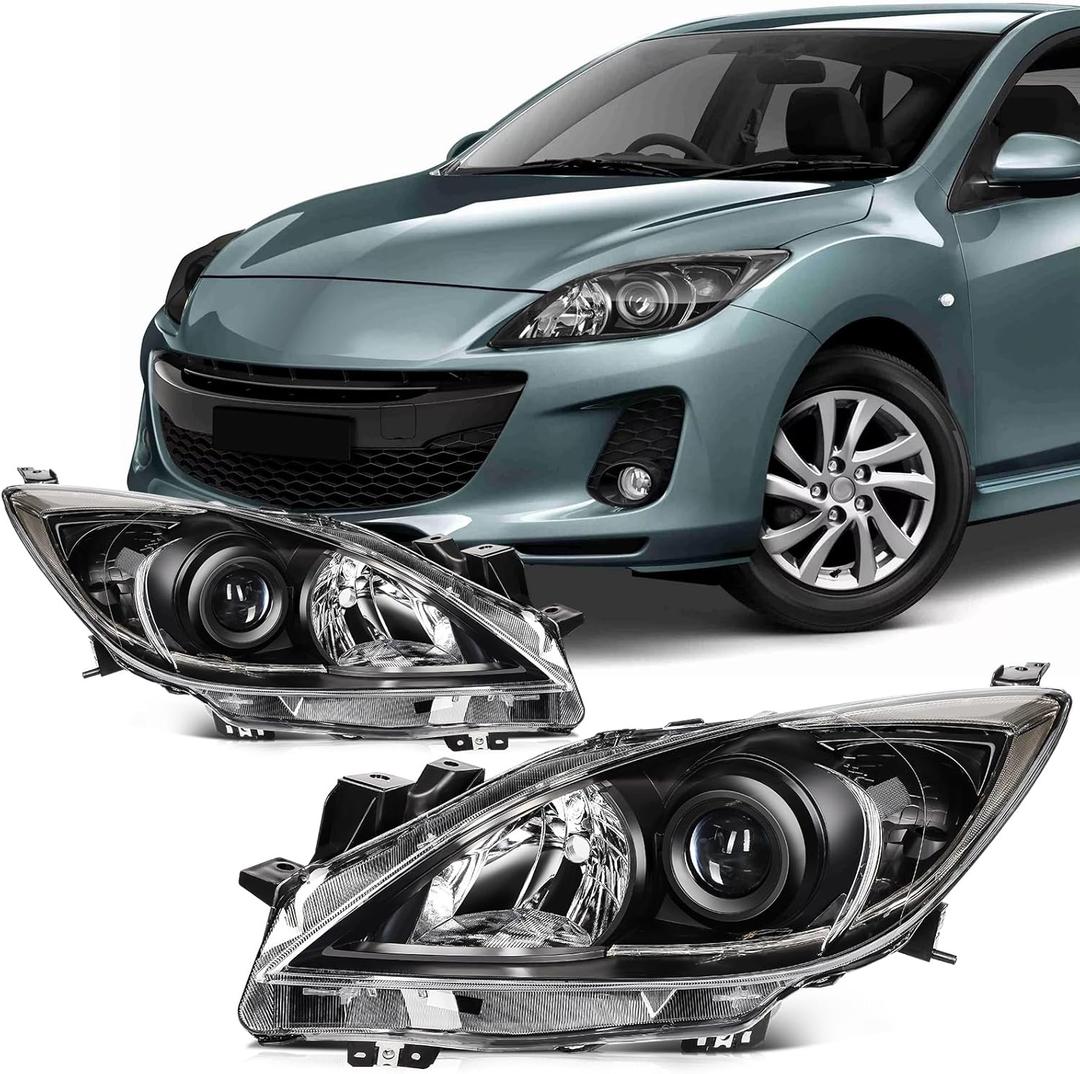 SCITOO Headlight Assembly Fits for Mazda 3 2010 2011 2012 2013 Black Housing Clear Reflector Clear Lens