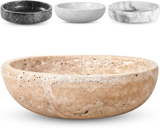 FNTSTICGOODS Travertine Decorative Bowl  7.8” Diameter & 2” Height  Key Bowl for Entryway Table  Travertine  Organic Modern Centerpiece  Beige/Natural