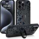 Gukalong Phone Case for iPhone 15 Pro 6.1 Inch Black Floral Flowers Cherry Blossom Slim Phone Cover with Strap Stand Heavy Duty Shockproof Protective Anti-Scratch Kickstand Case for Women