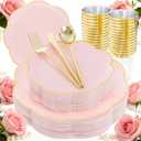 EI 180pcs Pink Plastic Plates with Gold Plastic Silverware,Party Plates Disposable,Pink Dinnerware Set for Afternoon Tea,Wedding,Birthday,Easter,Spring,Mother's Day,Valentine's Day