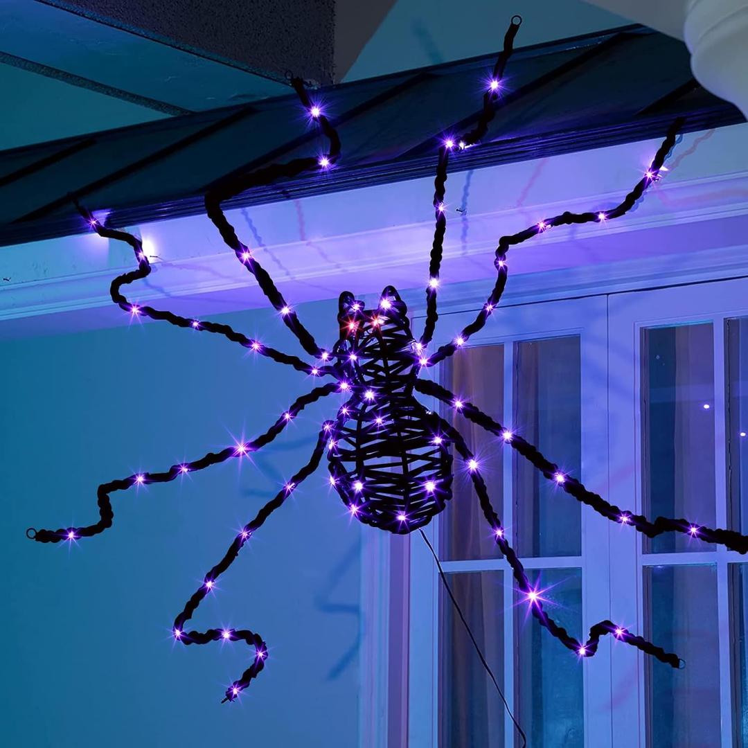 EAMBRITE Halloween Decorations Outdoor 5FT Bendable Scary Giant Spider with 83LT Purple Lights Black Fake Spider for Halloween Indoor Outdoor Yard Home Parties Creepy Dcor