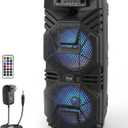 Pyle Portable Bluetooth Speaker | 600W System with Dual 8" Woofers Charcoal Rechargeable portable Bluetooth speaker with USB playback, FM radio, party lights, mic/guitar input, and remote control