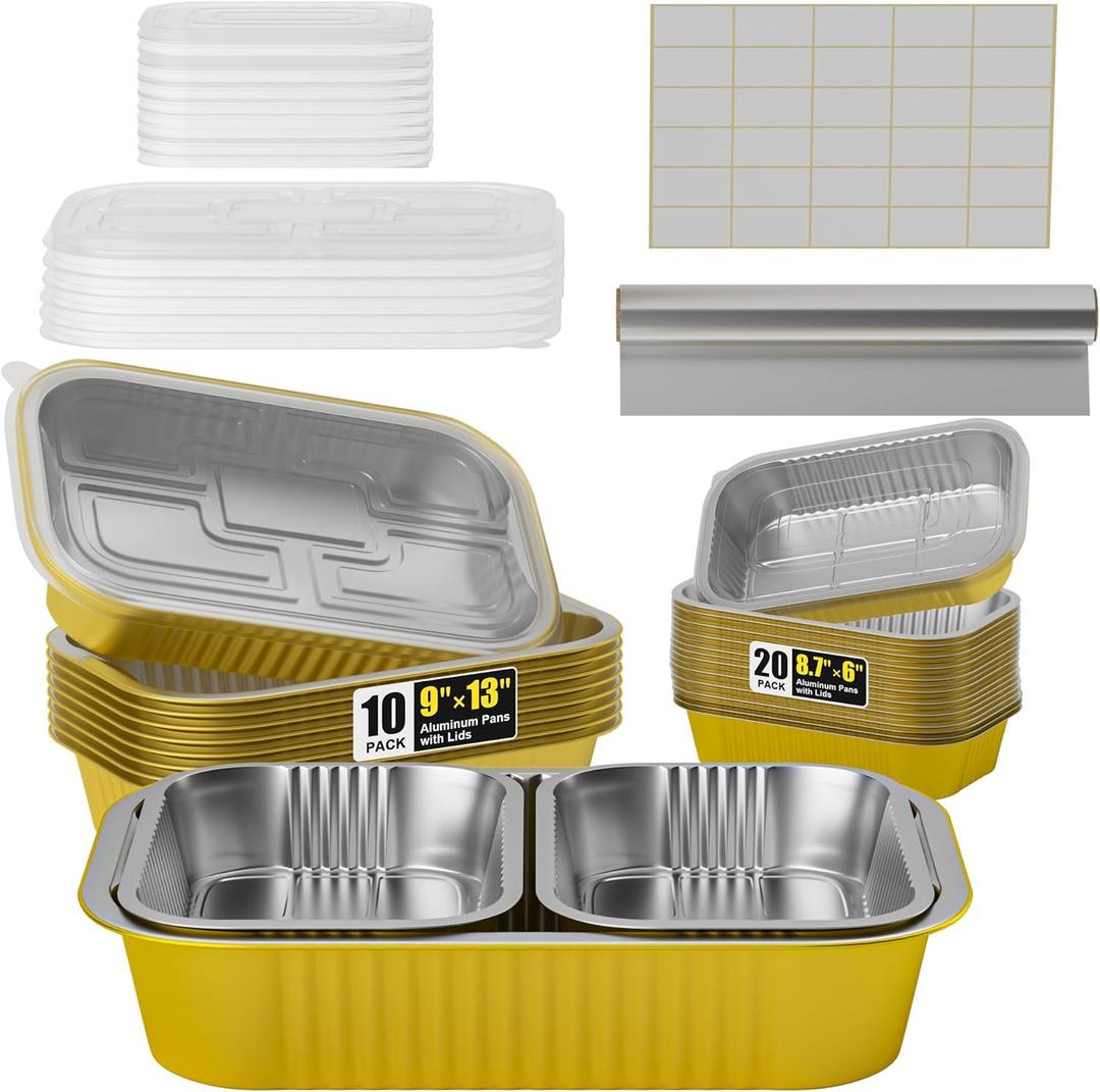 30Pack Aluminum Pans with Lids Kit-10Pack (9x13) Half Size Oven Steam Table Tin Foil Pans Collocation 20Pack (8.7*6) Disposable Baking Pan Chafing Trays with 33ft Aluminum Foil and 30 Label Stickers