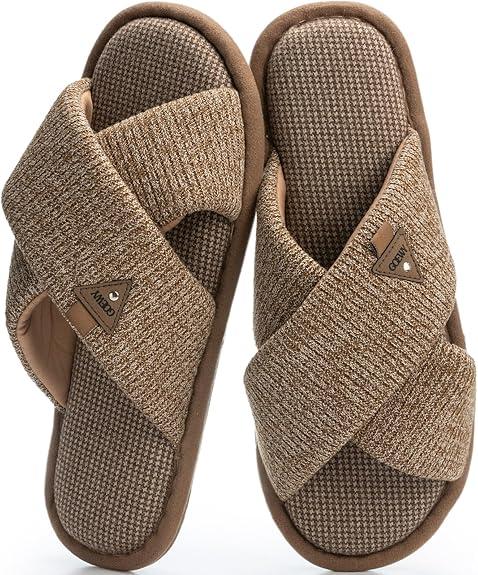 GOEWY Slippers for Men with Memory Foam Two-Tone Open Toe House Shoes Non-Slip Comfy Indoor Men's Slippers Gifts for Him Dad Knit Brown, 7/8