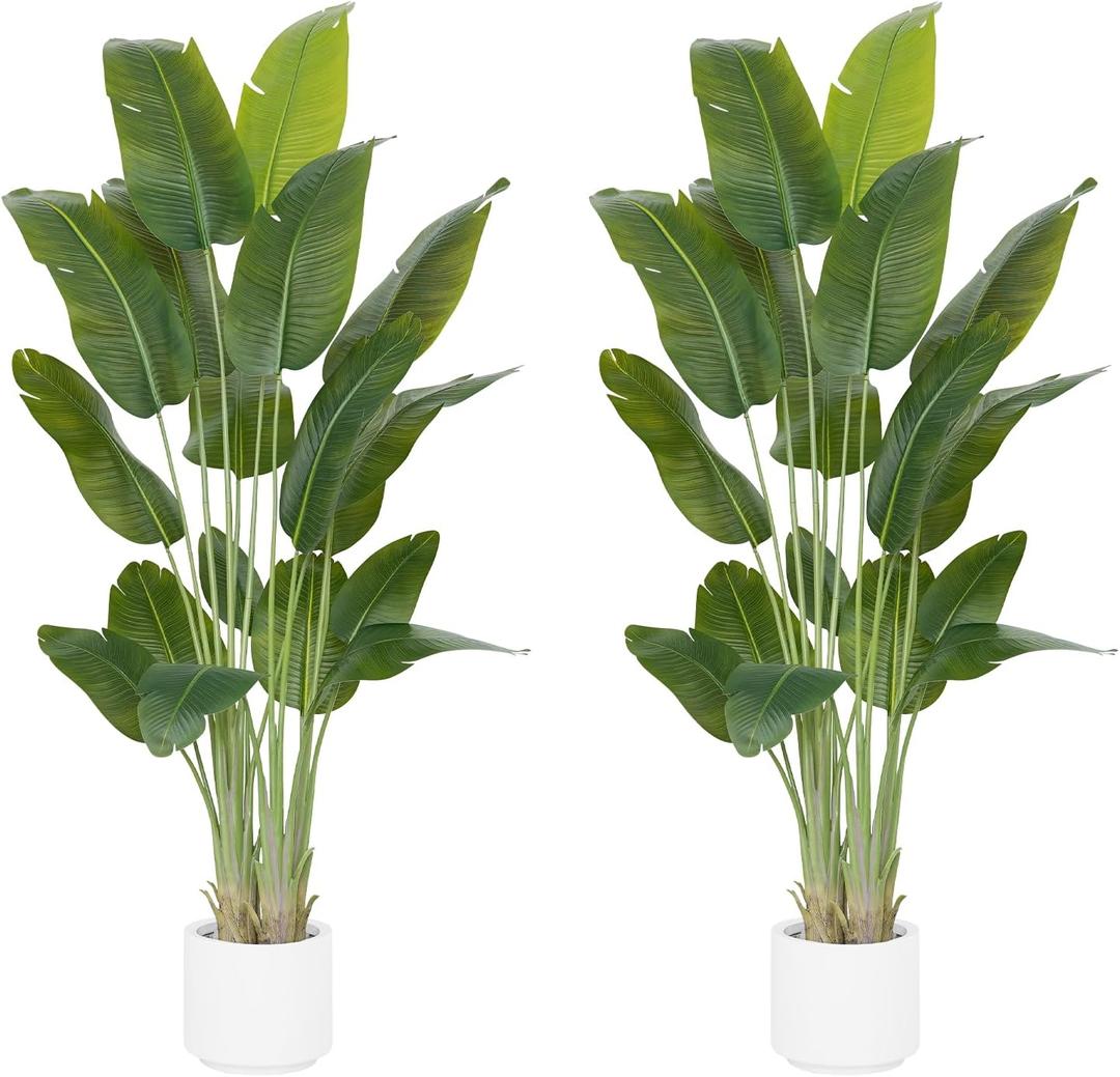 Artificial Bird of Paradise Plant 7.5Ft Tall Fake Tropical Palm Tree Large Fake Plants with 18 Silk Banana Leaves Faux Plant Indoor Decor Trees White Pot for Home Bedroom Living Room Office 2pcs