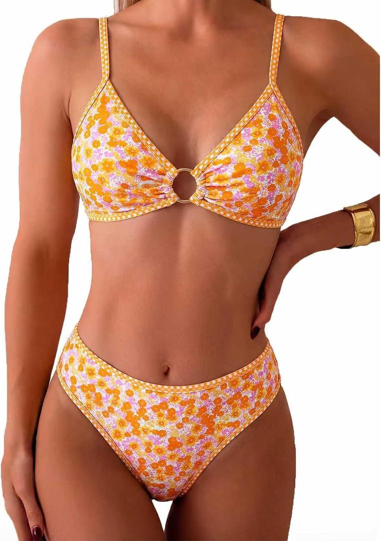 Tainehs Women's Two Piece Bikini Sets O Ring Front Top Ditsy Floral Triangle Swimsuits Cheeky Bathing Suit, Orange Flower Small