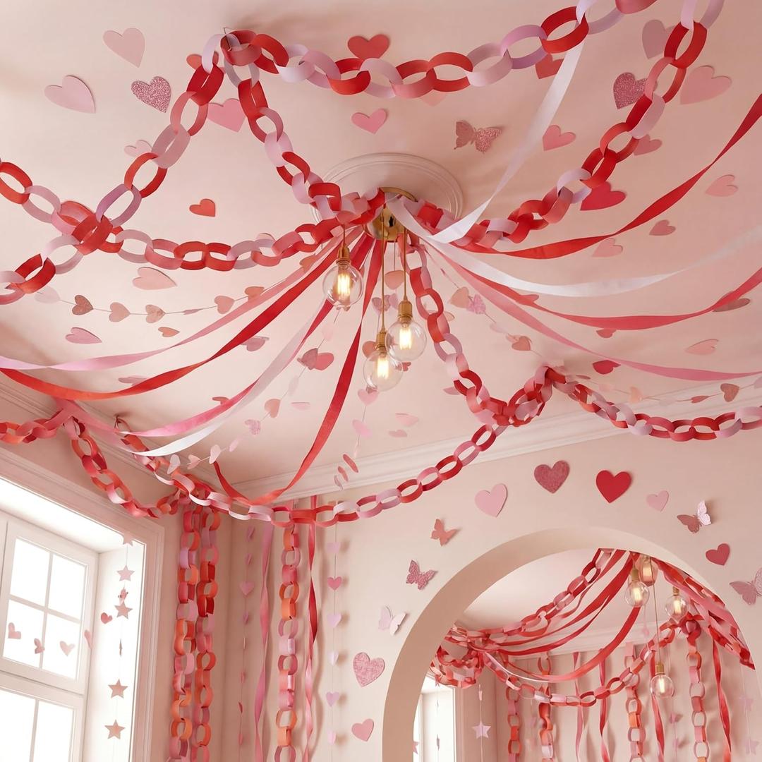 TaoBary Wedding Decorations Indoor Wedding Garland 328ft Red Pink Streamers 400 Sheet Paper Heart Garland Banner 65.5ft Heart Hanging for Pastel Party Birthday Decor(4, Red Pink)