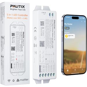 PAUTIX Matter WiFi LED Controller 5in1 ML5 Compatible with Tuya APP/Homekit/Smart Life/Alexa/Google Home/Siri, DC12-48V Dimmable Controller for Single Color/CCT/RGB/RGBW/RGBCCT LED Strip Lights