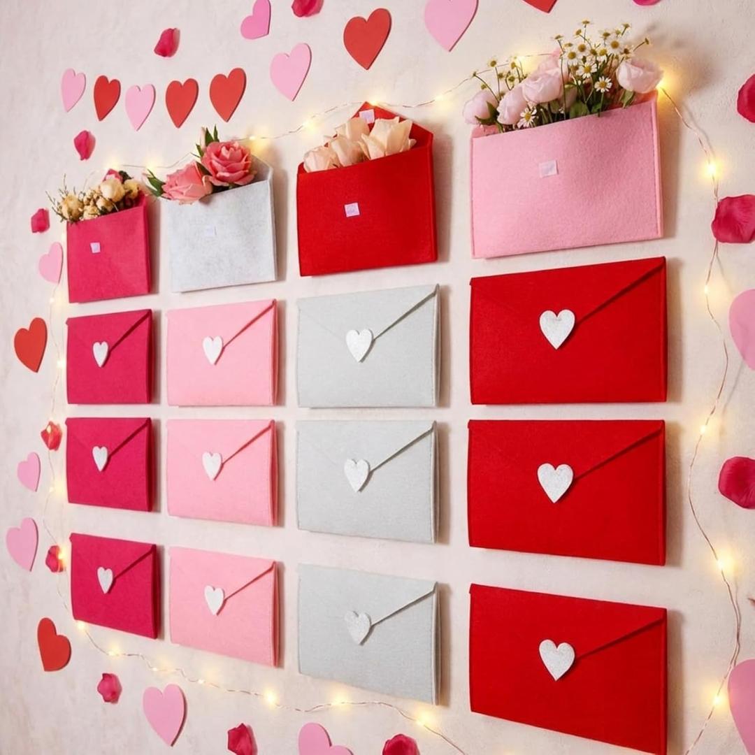 Novabright 16 Pcs Valentine's Day Wall Decorations Felted Love Heart Envelope Wall Decorations with Adhesive Dot DIY Valentine Romantic Pink Red Letter Background for Party Celebration Wedding Supply