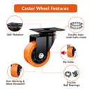 3 Inch Caster Wheels, Casters Set of 16 Heavy Duty, Orange Polyurethane (PU) Casters, Industrial Swivel Top Plate Castor Wheels for Workbench/Furniture/Cart (Pack of 16)