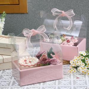 Honeydak 10 Pcs Mother's Day Cake and Flower Clear Boxes with Handle Ribbon Cajas Para Arreglos Florales Portable Transparent Gift Packaging for Wedding Birthday Party Supplies(Regular,4 Inch,Pink)