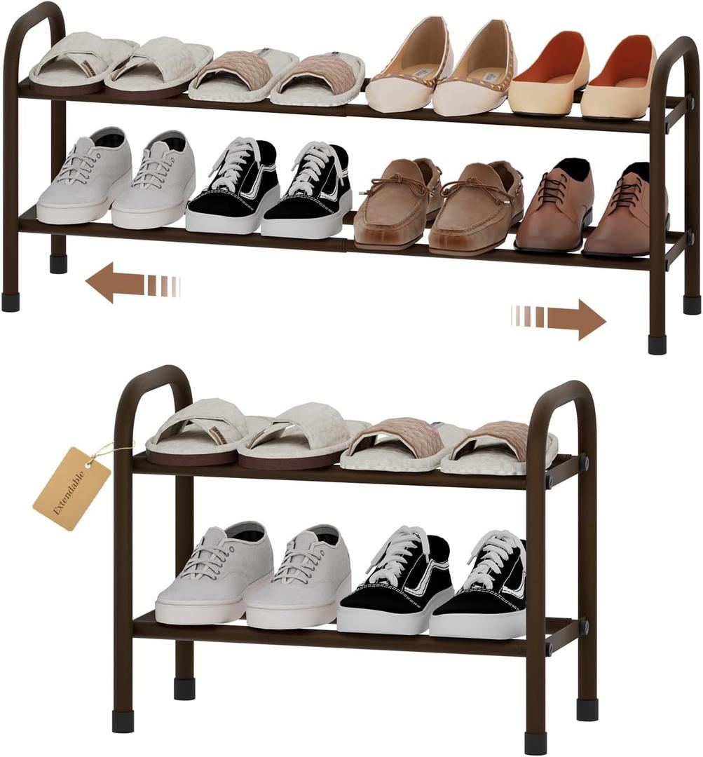 Expandable Shoe Rack, 2-Tier Metal Small Shoe Rack, Adjustable Shoes Organizer, Storage Shelf for Closet, Entryway, Brown