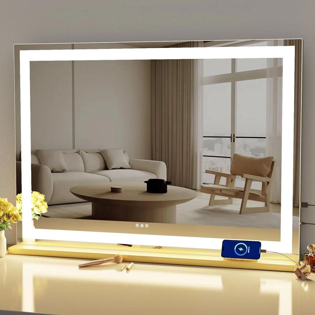 Makeup Vanity Mirror with USB Charging Port 28" x 22" Large LED Makeup Mirror, Desk Mirorr with Lights, Light up Mirror with 10X Magnification and, Dimmable 3 Modes, Touch Gold