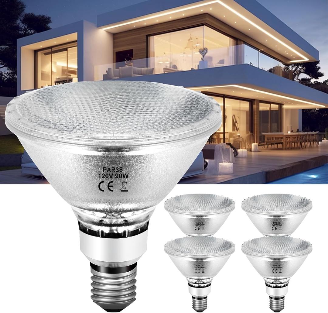 PAR38 Halogen Flood Light Bulbs Dimmable, 4 Pack, 90 Watt 120V, 2800K Warm White for Indoor and Outdoor Floodlight Bulb, E26 Base Bulbs 4050LM