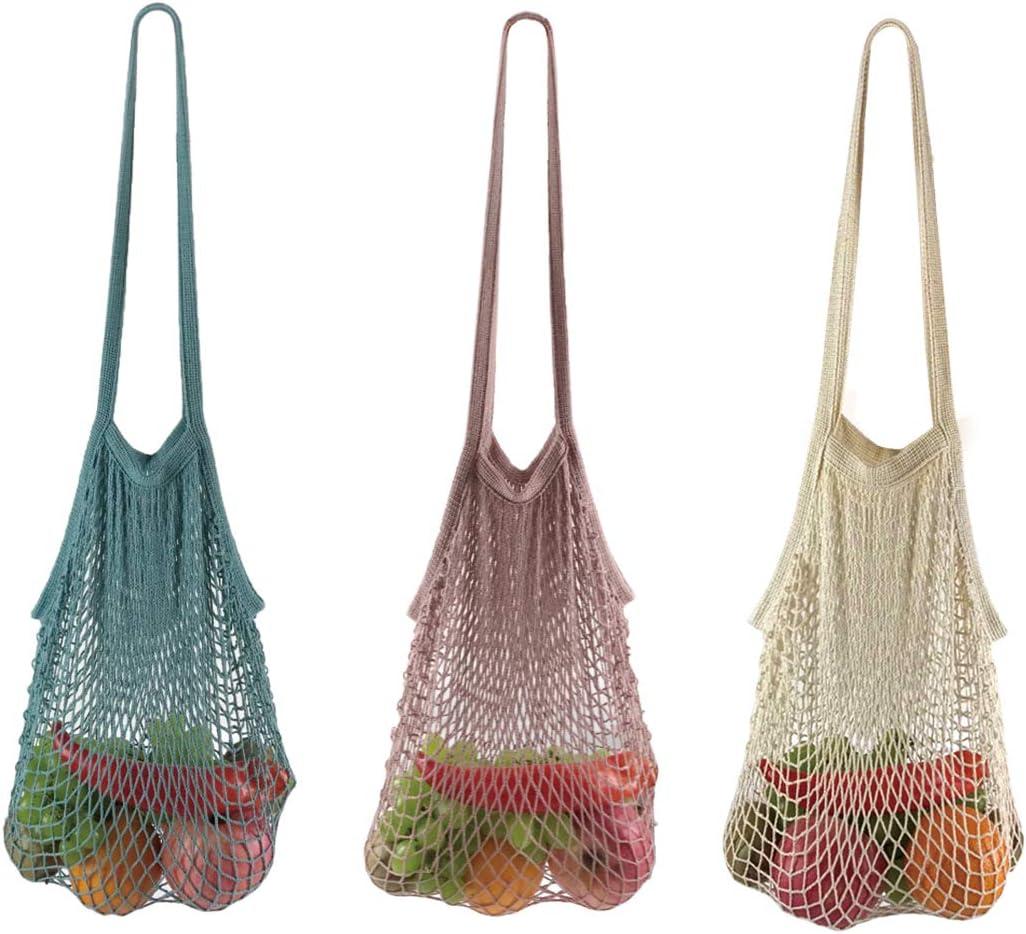 Net Shopping Bag Reusable Grocery Bags Net Storage Bag Long Handle Cotton Mesh Net Tote Bag Fruit Vegetable Net Bags Organizer