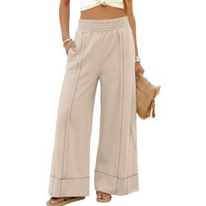 Tanming Womens Wide Leg Pants Cotton Stretchy High Waisted Palazzo Pants Daily Workout Wear Lounge Sweatpants with Pockets (Apricot-XS)