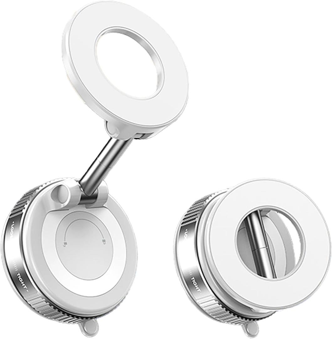 720Rotatable Vacuum Magnetic Phone Stand, Vacuum Magnetic Phone Holder Foldable&Adjustable, Suction Cup Phone Mount for Car/Gym/Mirror/Shower/Smooth Surface, Compatible iPhone 16 15 14 13 12 &Android (Silvery White)