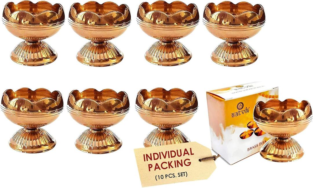 SATVIK 10 Pc Brass Diya for Diwali Decoration. Handmade Golden Virgin Brass Metal Oil Lamp Dia Vilakku for Puja Pooja. Traditional Indian Deepawali Housewarming Return Gift Items for New Home House