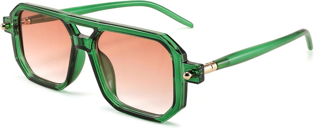 FEISEDY Vintage Square 70s Flat Aviator Sunglasses Women Men Classic Retro Stylish Frame UV400 Sunglasses B2622 (005 Transparent Green & Gradient Orange Lens)