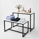 CIVANA Set of 2 Nesting Retail Display Tables, Rectangular Black Iron and White Wood Design with Protective Feet, for Boutique Merchandise, Weddings, and Craft Shows