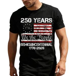 Evankin 250 Years America Shirt for Men, Patriotic 1776-2026 Tee | Semiquincentennial Independence Day T-Shirt with USA Flag, We the People 4th of July Freedom Tops (Black, L)