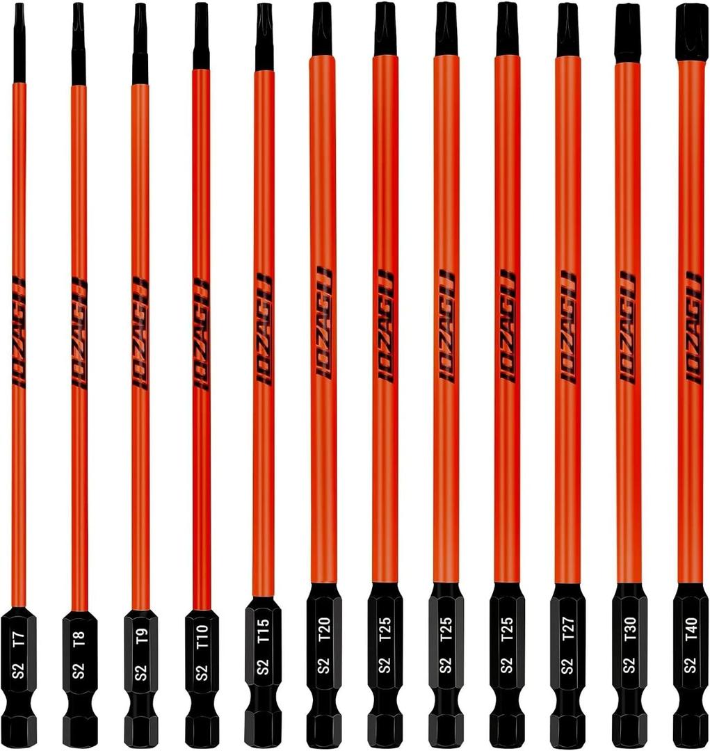 LOZAGU 12Pcs Long Torx Bit Set 6-Inch (152mm), T7 to T40, Magnetic Security Tamper Proof Star Bit Set,1/4 Inch Hex Shank | S2 Steel