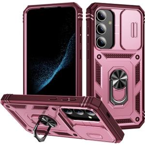 for Samsung Galaxy S24 Case Military Grade Drop Shock Protection Cell Phone Cover with Slide Camera Cover Built-in 360 Rotate Ring Stand for S24 6.2 -Pink/Red